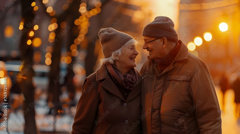  Happy old people spend time together, showing their cheerfulness and love of life on a walk under the evening sunset.