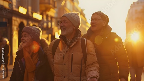 An elderly couple, enjoying evening walks, emphasizes their activity and cheerful mood, plunging into the atmosphere of a bright sunset.