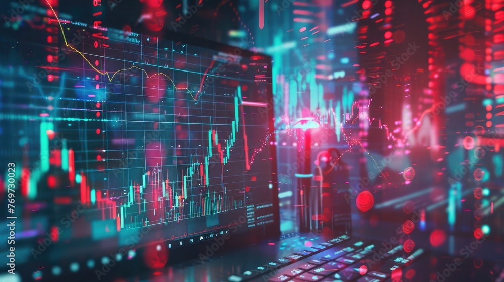 Forex market graph hologram and personal computer on background. Double exposure. Concept of business, Glowing blue pulse trace analyzing healthcare data