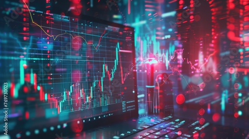 Forex market graph hologram and personal computer on background. Double exposure. Concept of business  Glowing blue pulse trace analyzing healthcare data