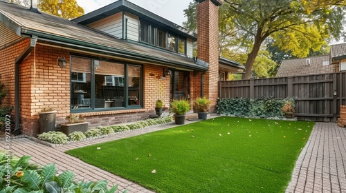Charm of a Suburban Home Featuring a Pristine Artificial Lawn, Artistic Brick Walls, and Large Windows