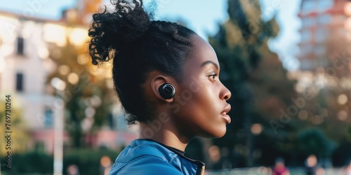 A person wearing wireless earbuds while exercising.  photo