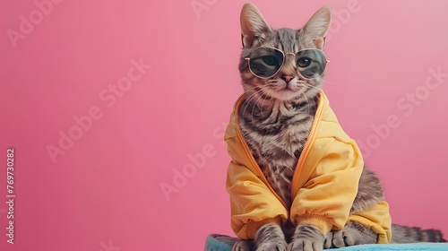 cute feline in popular outfit and shades sitting on agreeable seat against pink background