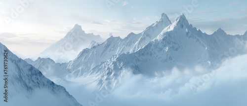 panorama view of cold snowy mountains ranges peaks at altitude landscape covered with clouds at daytime photo