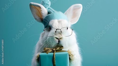 cute white hare in glasses and cap holding a gift box blue background