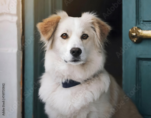Cute smart domestic dog waiting owner. Deep sad look of a pet.
