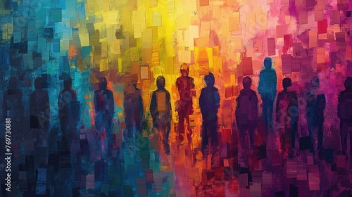 Abstract watercolor illustration different people silhouette standing in row
