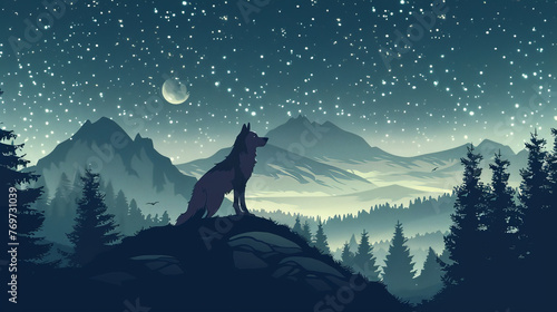 Silhouette of a lone wolf howling on a cliff against a backdrop of a star-filled sky and crescent moon.