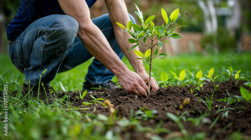 un homme fait du jardinage et plante un arbuste dans son jardin photo