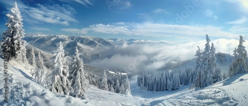 panorama view of cold snowy mountains ranges peaks at altitude landscape covered with clouds at daytime