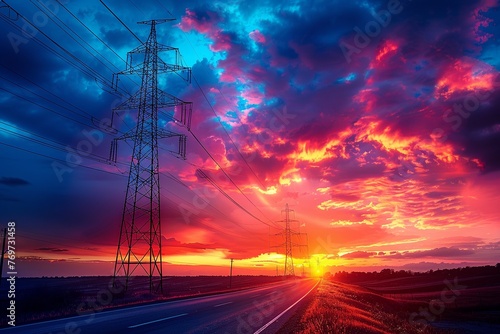 Visualize the silhouette of a high voltage electric tower set against the radiant glow of a sunset, where the dark outline of the structure stands in sharp relief against the colorful evening sky
