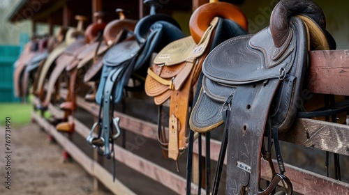 The Artful Array of Horse Riding Saddles Hanging Alongside the Fence