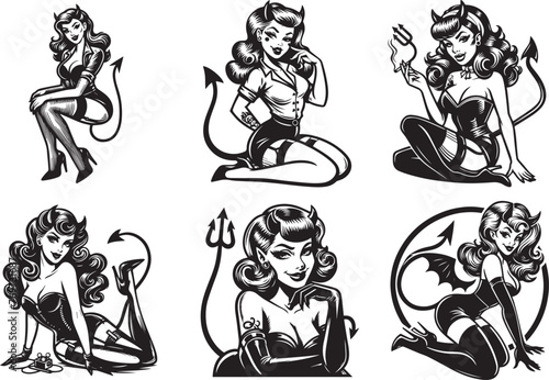 Devilish Beauties Six  Pin-Up Girls black vector 