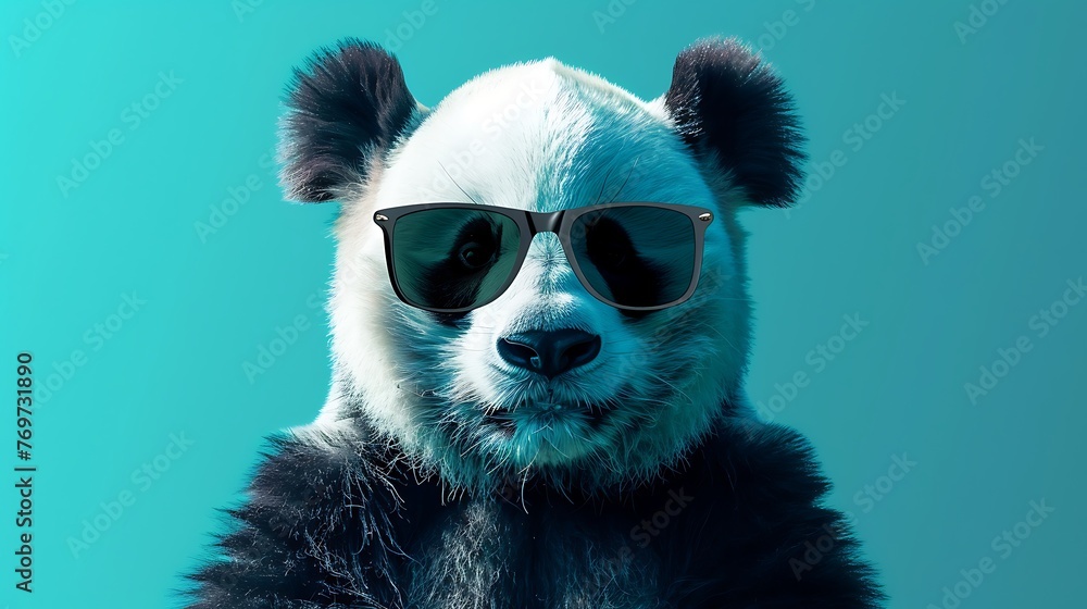 Elegant panda in shades on a blue background
