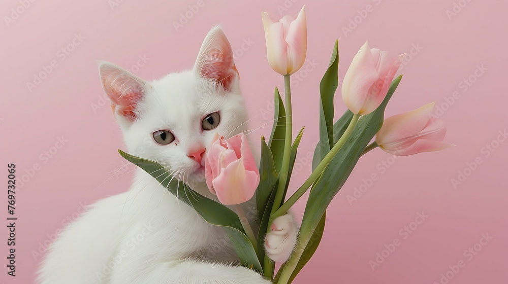 lovable white cat gives a bunch of new pink tulip blossoms on pastel pink background lovable white cat gives a bunch of new pink tulip blossoms on pastel pink background