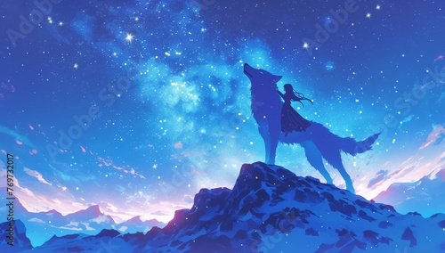 A wolf standing on top of a mountain howling at the night sky full of stars and green lights, an anime boy riding him in a side view, fantasy art 