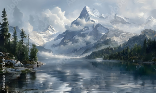 photo a painting of a mountain lake with a mountain in the background