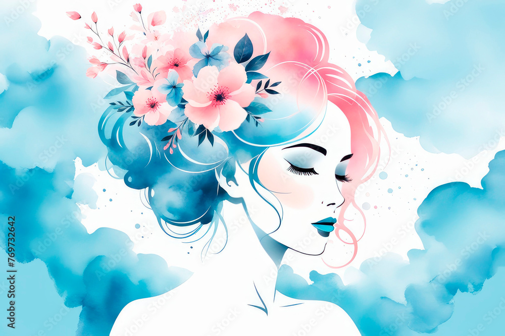 Beautiful silhouette of a woman with an floral hairstyle in sky blue, and peach fuzz colors. Beautiful silhouette of a woman with an floral hairstyle in sky blue, and peach fuzz colors.
