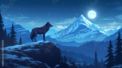 Artistic depiction of a wolf silhouette standing on a rock with a full moon and mountainous landscape. © khonkangrua