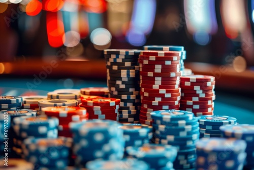 stacks of poker chips on a gaming table in casino, close up shot of piled up gambling chips, casino banner concept with copy space, gamble venue header