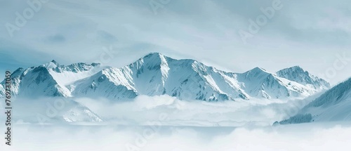 panorama view of cold snowy mountains ranges peaks at altitude landscape covered with clouds at daytime