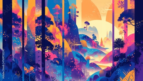 Abstract forest with colourful geometric shapes  textured and layered