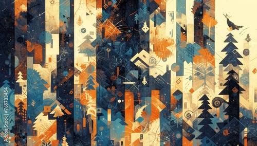 Abstract forest with geometric shapes and vibrant colors, reminiscent of the style of cubism art.