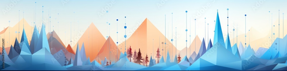 Naklejka premium Light Blue Abstract Background with Circles, Vertical Lines and Stylized Mountains for LinkedIn, Facebook, AI Generated