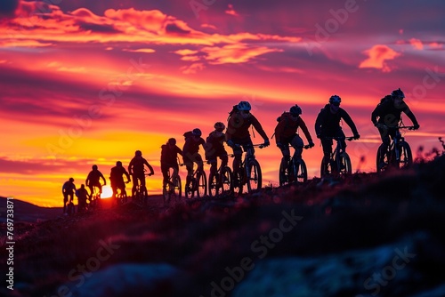 Wallpaper Mural Imagine a dramatic low angle perspective capturing a line of cross country bikers navigating through a mountainous setting at sunset. The image showcases their silhouettes against the colorful evening Torontodigital.ca
