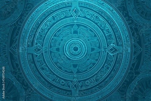 A teal background with intricate Mayan patterns