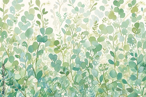 A watercolor painting of eucalyptus leaves in varying shades of green, with some showing subtle yellow edges and others showing the detailed veins within each leaf.