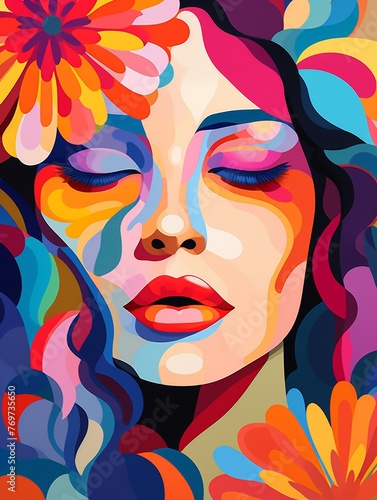 Illustration of a striking and colorful portrait of a woman  merging natural and surreal elements.