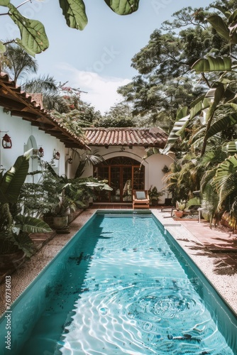 a large home swimming pool at the exterior backyard of big villa house with trees