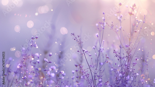 A serene, defocused background in a gentle lavender hue, dotted with soft violet bokeh lights, evoking an early morning mist in a flower field.