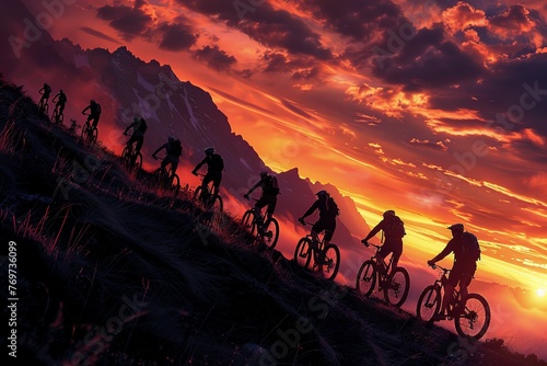 Wallpaper Mural Imagine a dramatic low angle perspective capturing a line of cross country bikers navigating through a mountainous setting at sunset. The image showcases their silhouettes against the colorful evening Torontodigital.ca