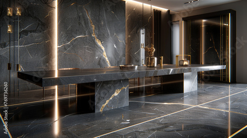 A sophisticated dining room featuring a dark gray marble table at its center, with gold and white veins that add an element of luxury. The ambient lighting highlights the marble's texture and color, 