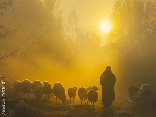 Silhouette of a shepherd with sheep in misty morning light © cherezoff