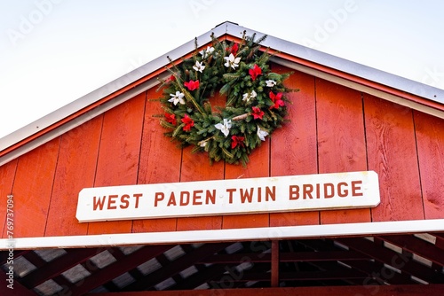 Scenic view of the red East and West Paden Twin Covered Bridges in Orangeville, Pennsylvania photo