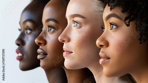 Diverse women in a row showing faces, noses, cheeks, eyes, and eyebrows