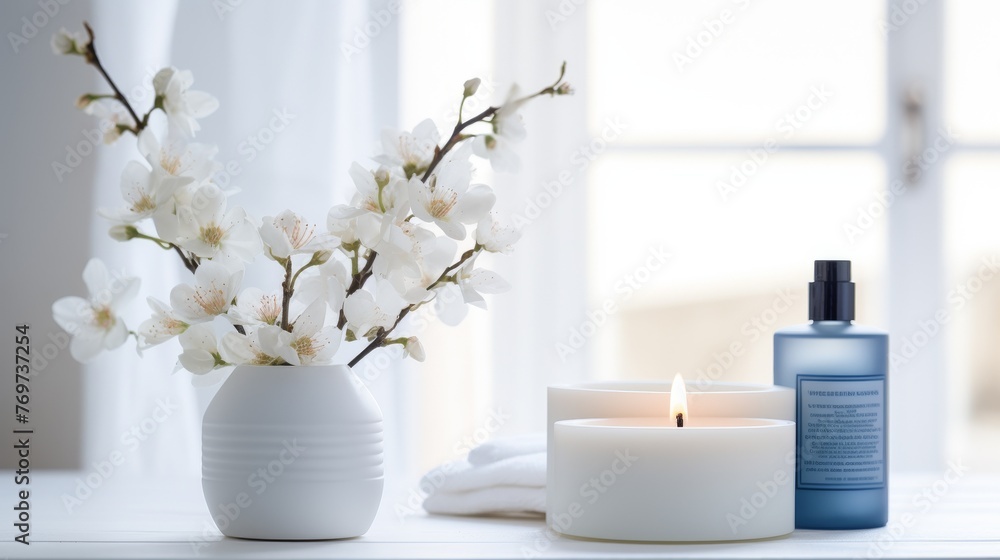 cosmetic background, aromatic candles, blue flowers in a vase on the background of the bathroom, concept of aroma and spa treatment at home cosmetic background, aromatic candles, blue flowers in a vase on the background of the bathroom, concept of aroma and spa treatment at home
