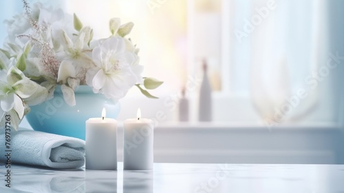 cosmetic background, aromatic candles, blue flowers in a vase on the background of the bathroom, concept of aroma and spa treatment at home
