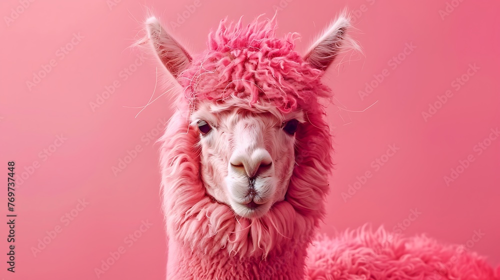 Fototapeta premium Interesting pink alpaca on pink background