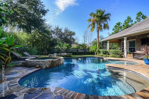 a large home swimming pool at the exterior backyard of big villa house with trees