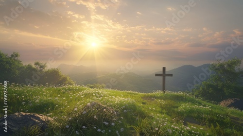 A wooden cross on a hill, easter landscape