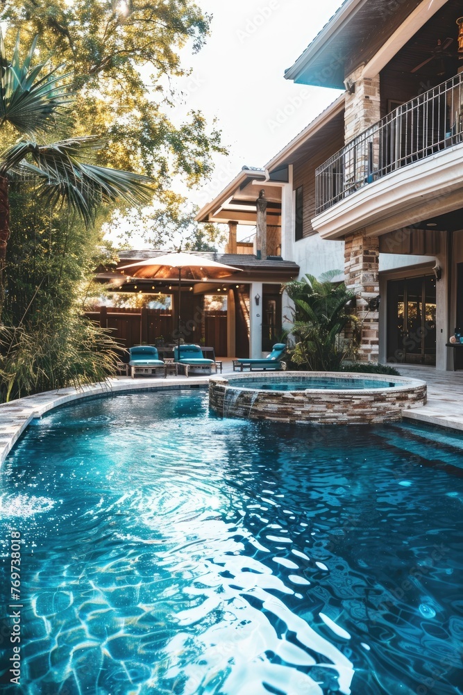 a large home swimming pool at the exterior backyard of big villa house with trees