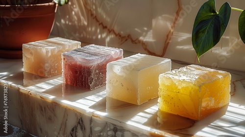 Cubic-soaps polished surface pastel and totally opaque hues.