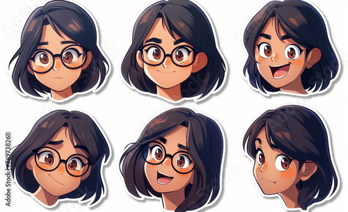 set of cartoon sticker face with smiling girl short brown hair 