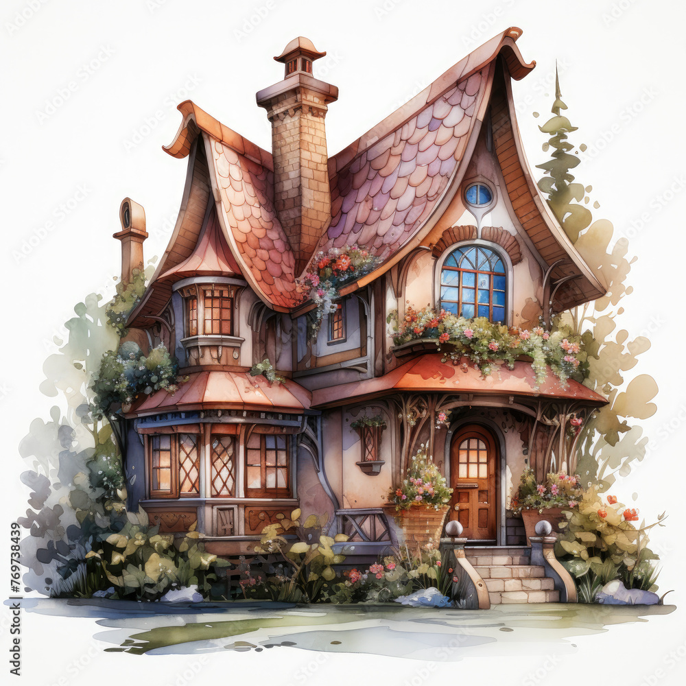 Fototapeta premium watercolor Kawaii Gingerbread House clipart, Generative Ai