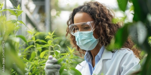 A woman in a lab coat is wearing a mask and gloves while examining plants