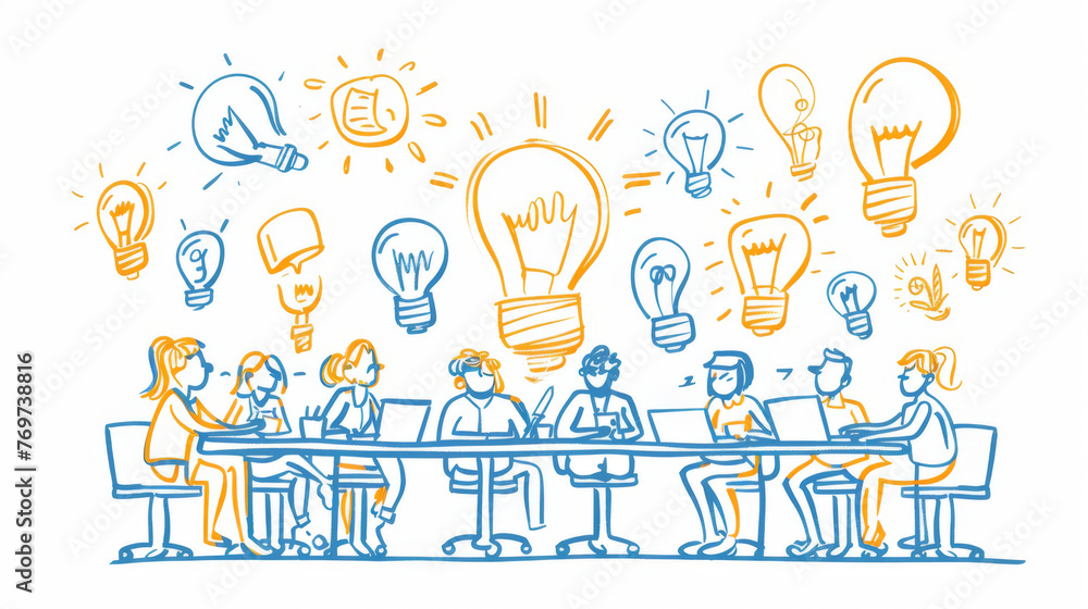 Animated illustration of a team meeting with vibrant lightbulb icons symbolizing brainstorming and creativity. Animated illustration of a team meeting with vibrant lightbulb icons symbolizing brainstorming and creativity.